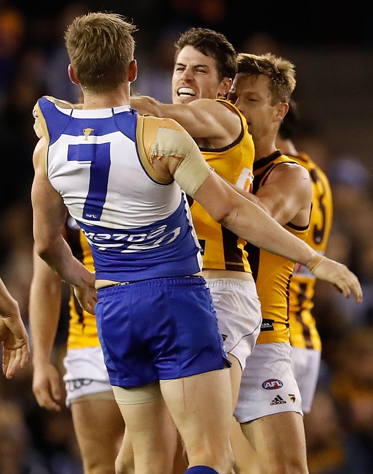 AFL 2016 Rd 13 - North Melbourne v Hawthorn MELBOURNE, AUSTRALIA - JUNE 17: Jack Ziebell of the Kangaroos wrestles with Isaac Smith of the Hawks during the 2016 AFL Round 13 match between the North Melbourne Kangaroos and the Hawthorn Hawks at Etihad Stadium on June 16, 2016 in Melbourne, Australia. (Photo by Adam Trafford/AFL Media)